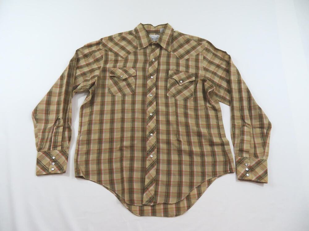 Canyon Trails Pearl Snap Shirt Beige Brown Red Gold Pin Stripe Sz L? 1980s